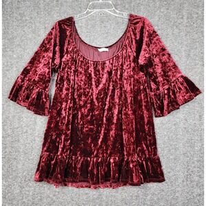 BeachLunchLounge Blouse Womens XL Burgundy Crushed Velvet Ruffle Bell Sleeve